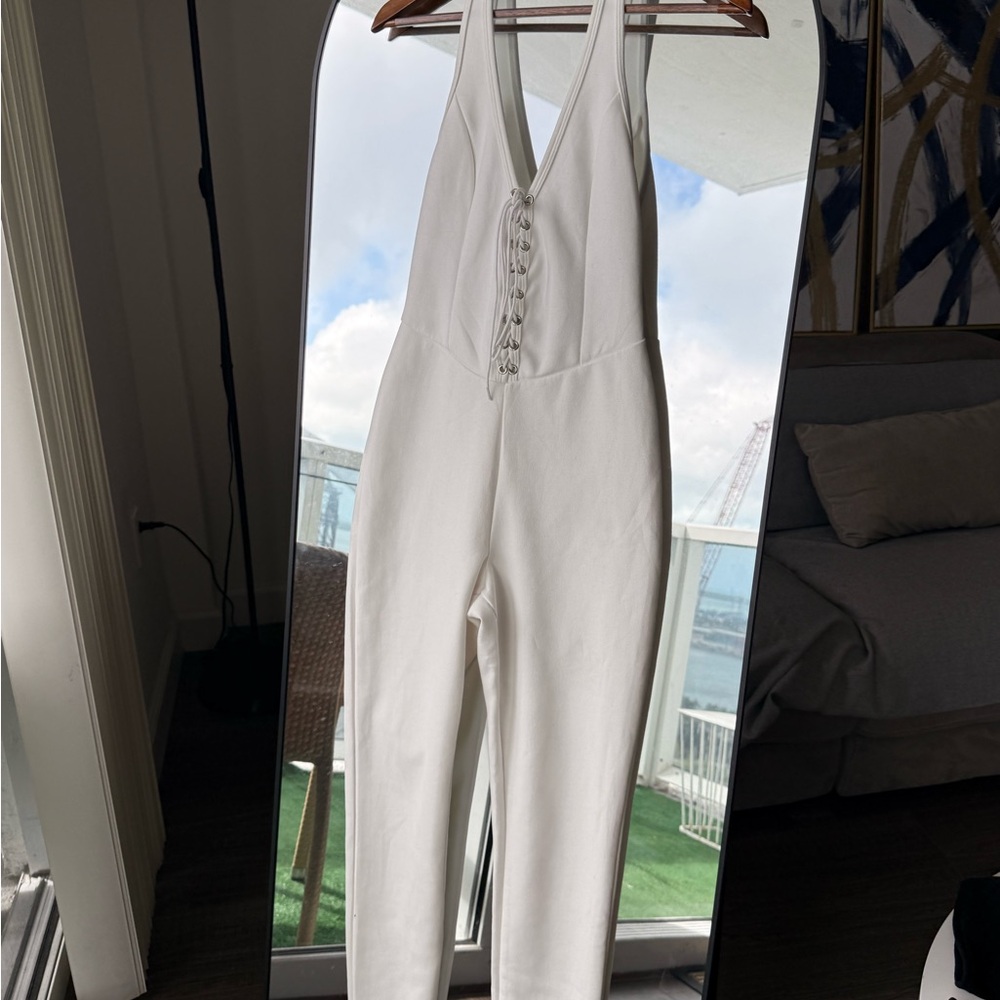 White Lace-Up Front Jumpsuit | White Fox Style | Size S